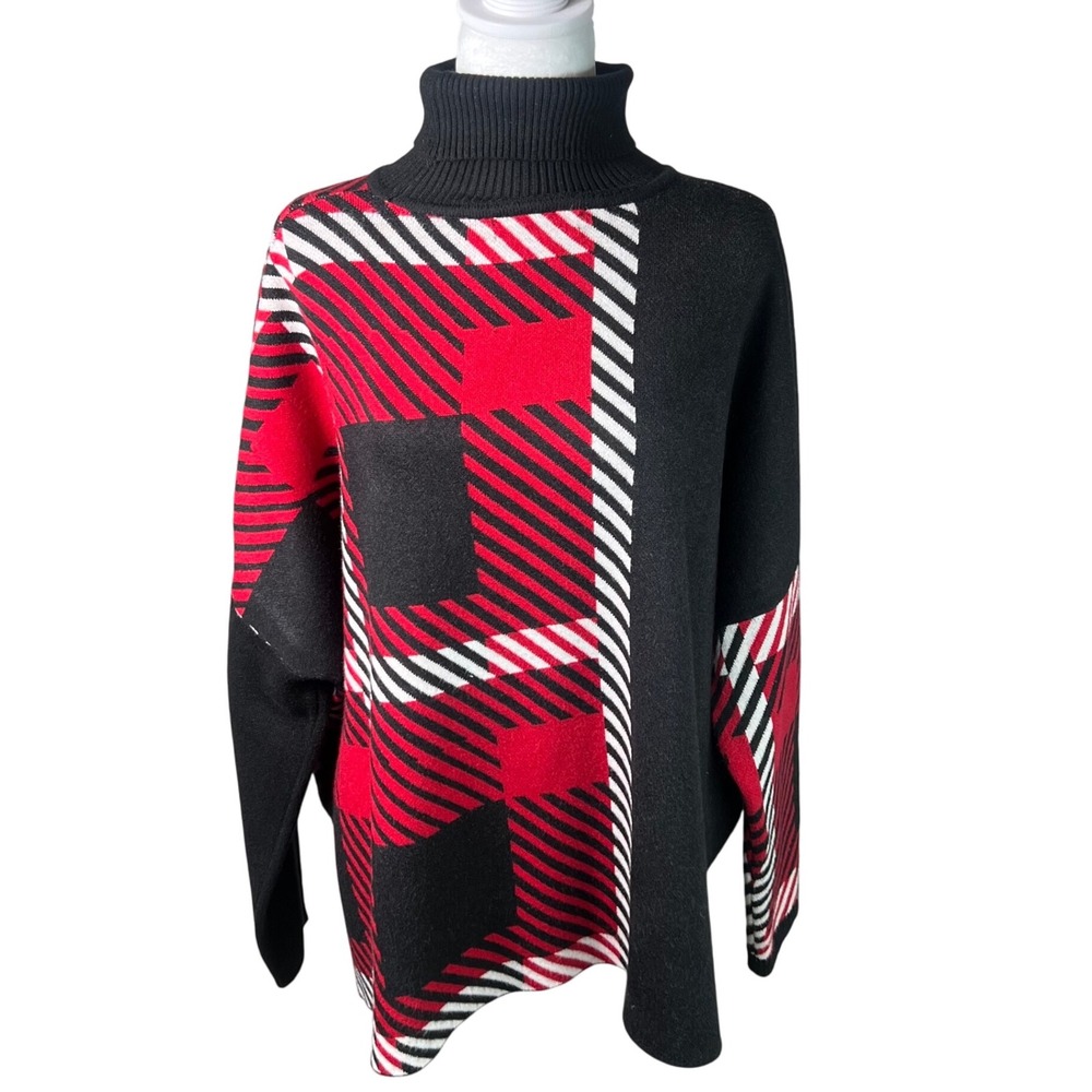 JOSEPH A. Women's Plaid Turtleneck Poncho Sweater Black Red White‎ L - Picture 9 of 10